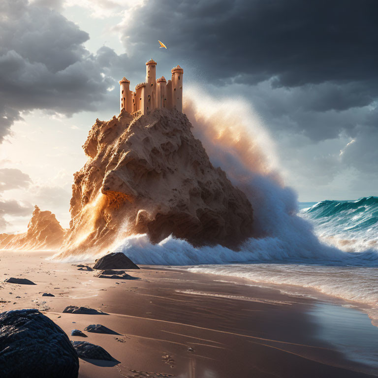 Castle on Rocky Cliff with Crashing Wave and Dramatic Sky