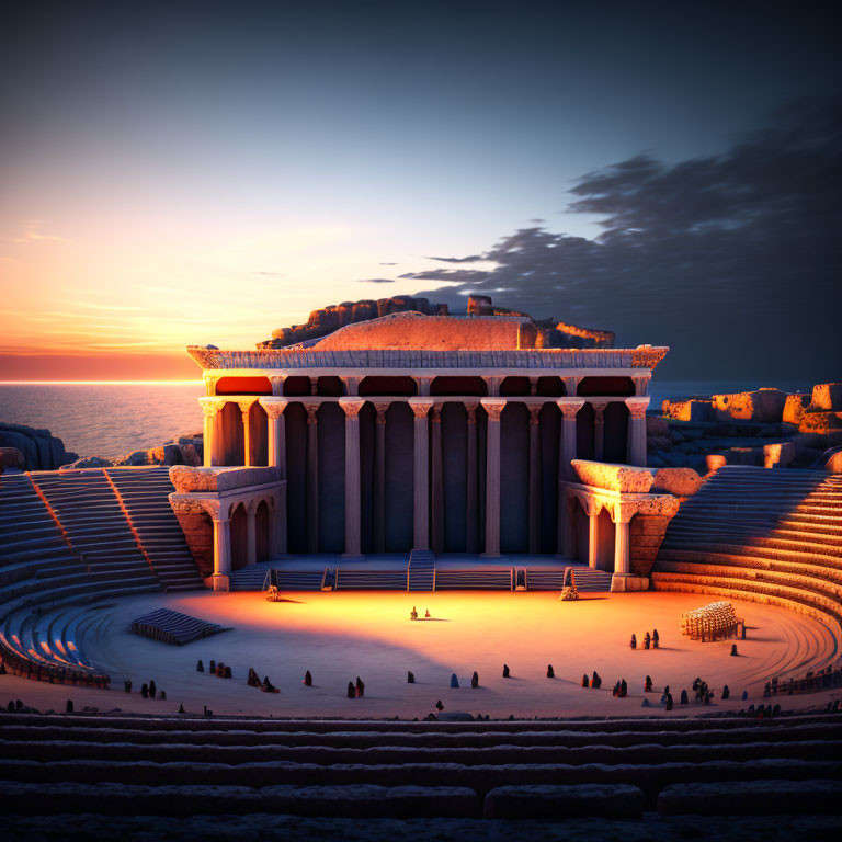 Ancient Amphitheater at Sunset with Scattered People