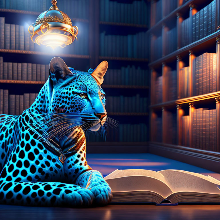 Blue leopard in library with glowing fur patterns beside open book and lamp