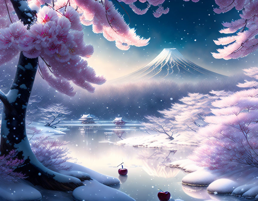 Winter landscape with pink cherry blossoms, lake, pagodas, and Mount Fuji under starry