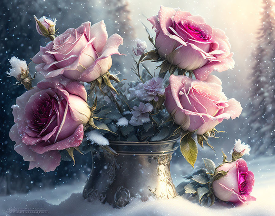 Pink roses bouquet in vintage vase with snowflakes on soft-focus winter backdrop