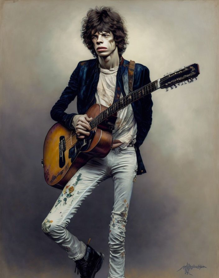 Young male musician with acoustic guitar in navy jacket and jeans