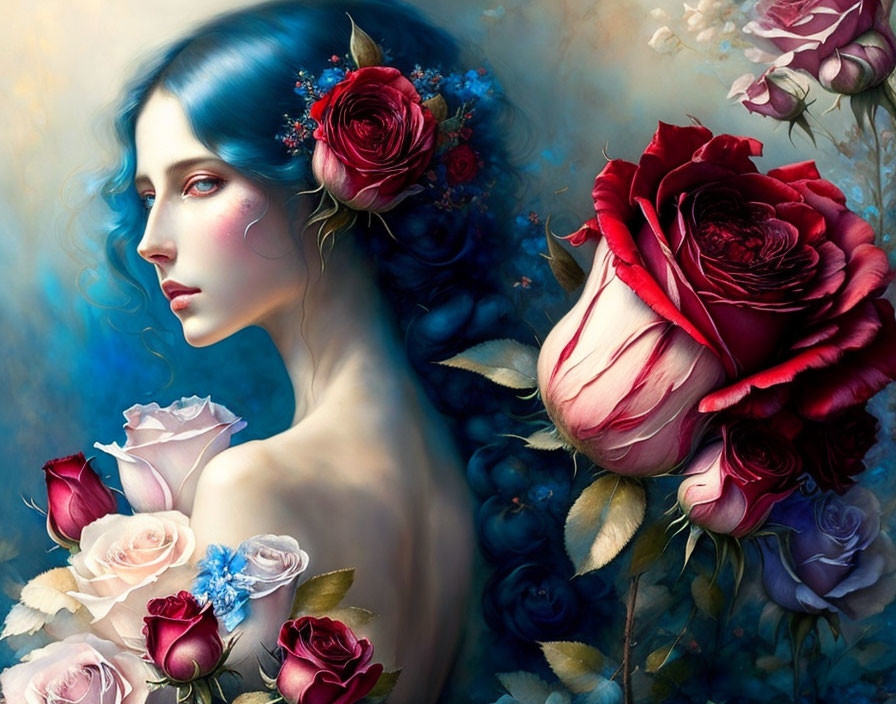 Surreal portrait of woman with vibrant blue hair and red roses bouquet