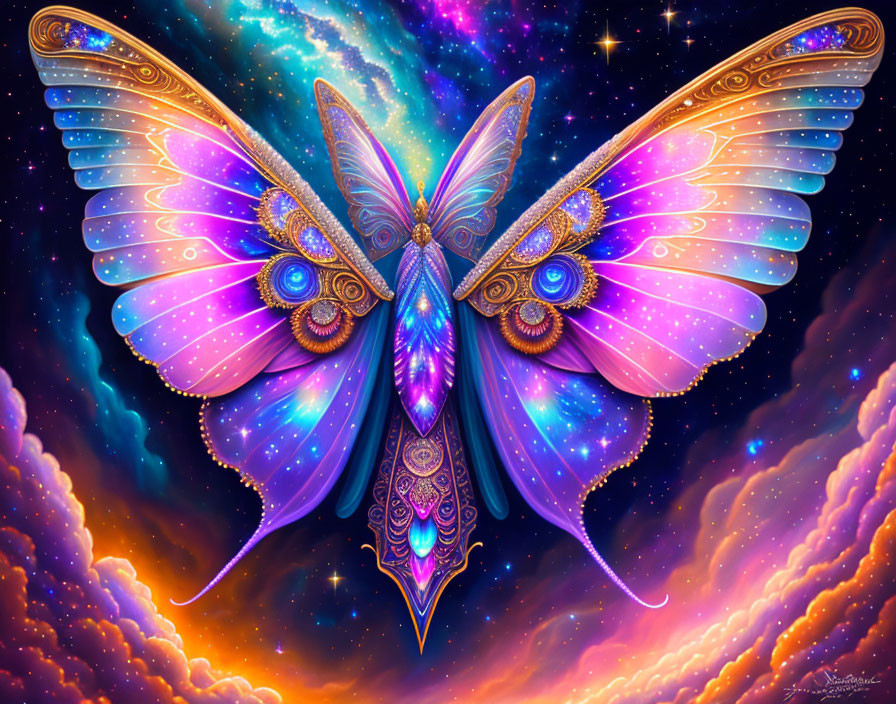 Colorful Butterfly Artwork on Cosmic Background