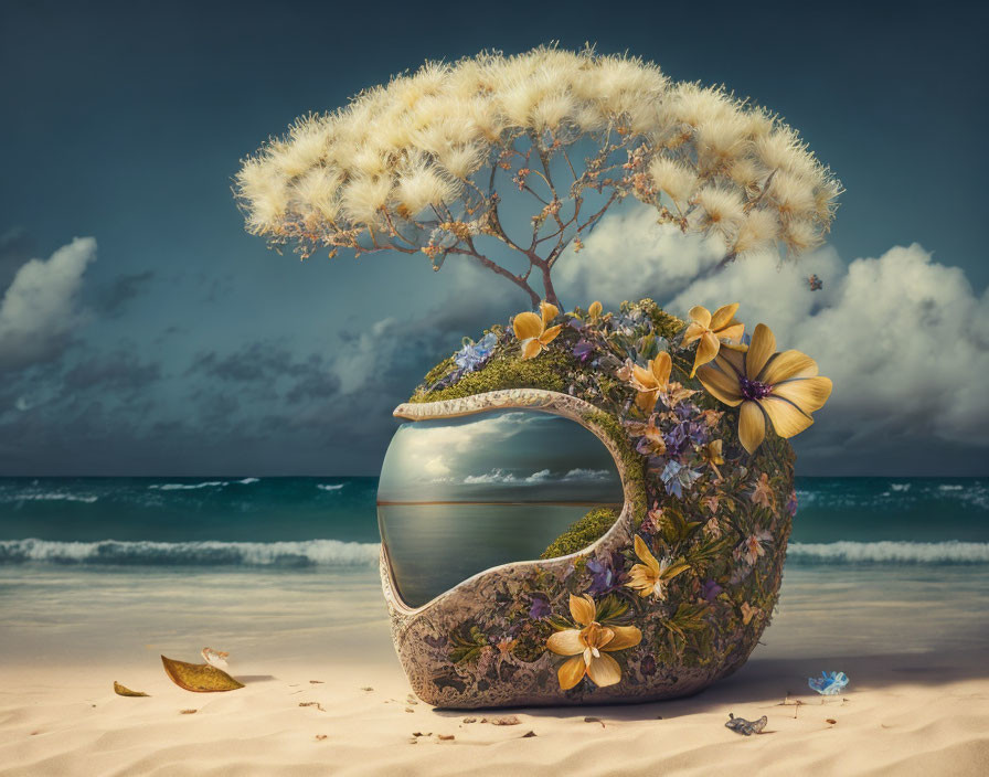 Surreal tree growing from tilted floral vase with seascape beach backdrop