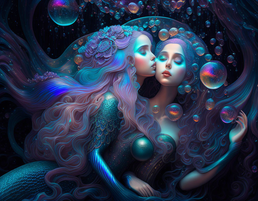 Digital Artwork: Two Female Figures with Flowing Hair and Ornate Headpieces in Iridescent