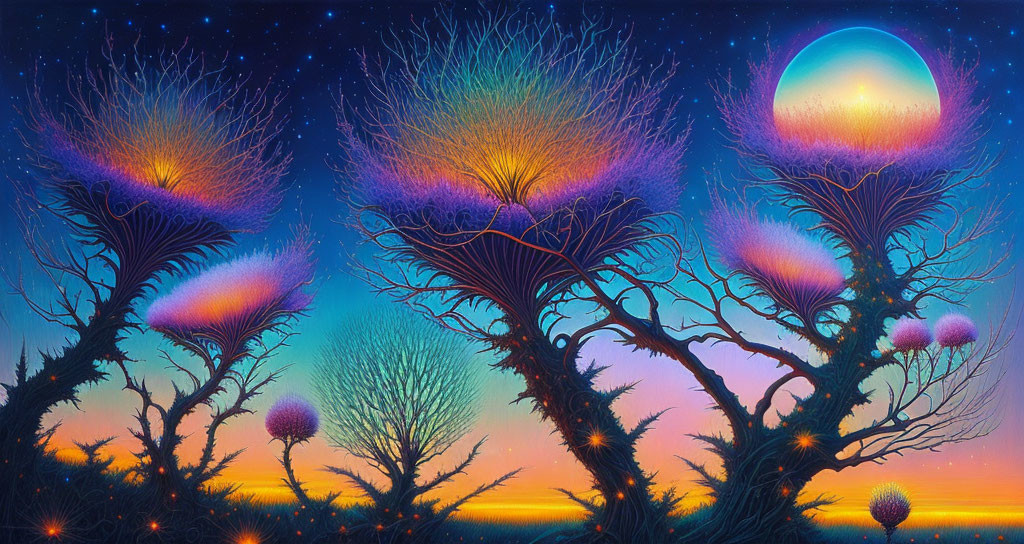 Fantastical landscape with luminous trees under starry sky