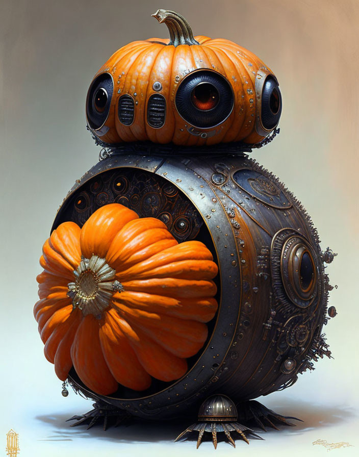 Mechanical creature with pumpkin body segments and expressive eyes.