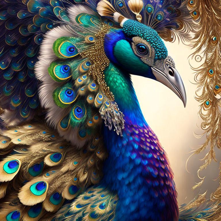 Colorful peacock showcasing intricate iridescent plumage