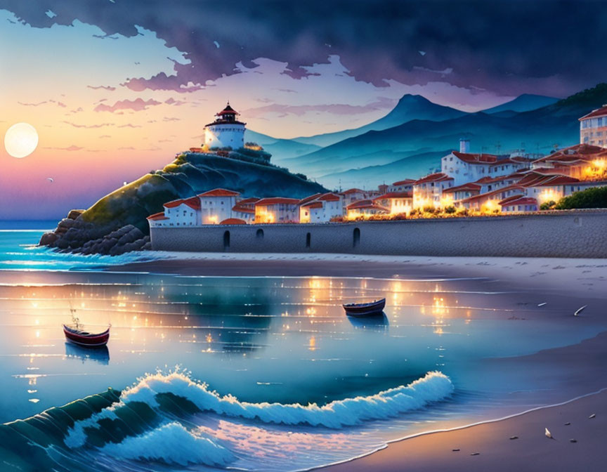 Coastal village twilight scene with lighthouse, boats, mountain backdrop, and moonlit sky.