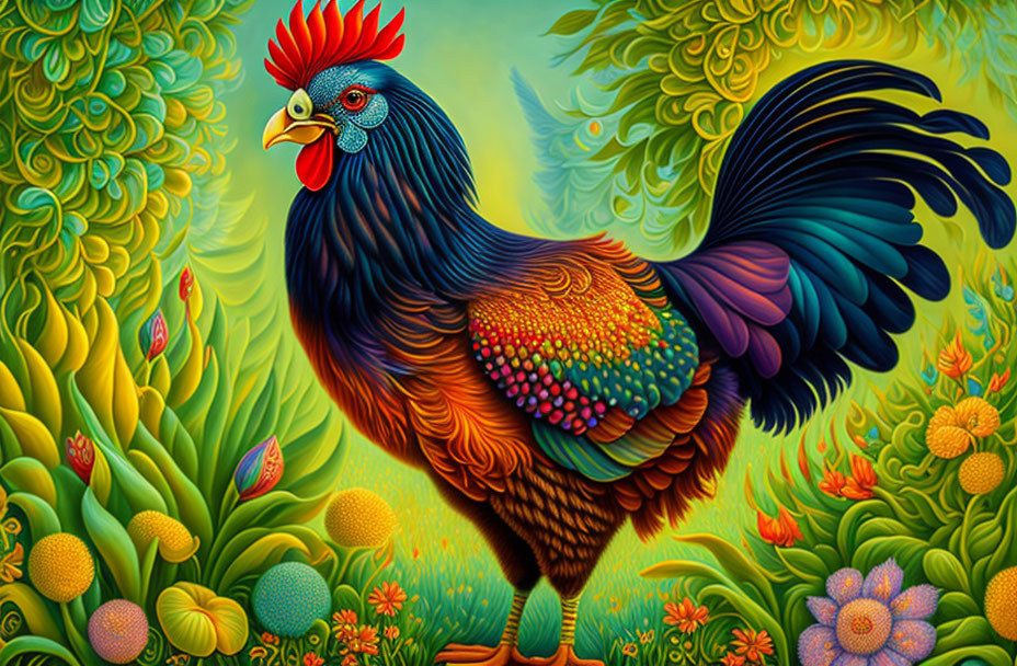 Colorful Rooster Illustration with Vibrant Flora in Blue, Orange, and Green