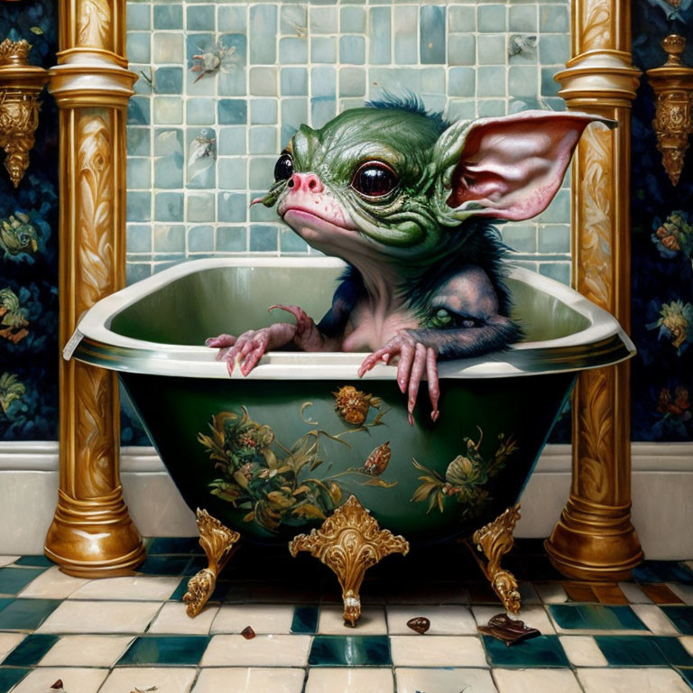 Green-skinned bat-like creature in ornate bathtub - fantasy art illustration