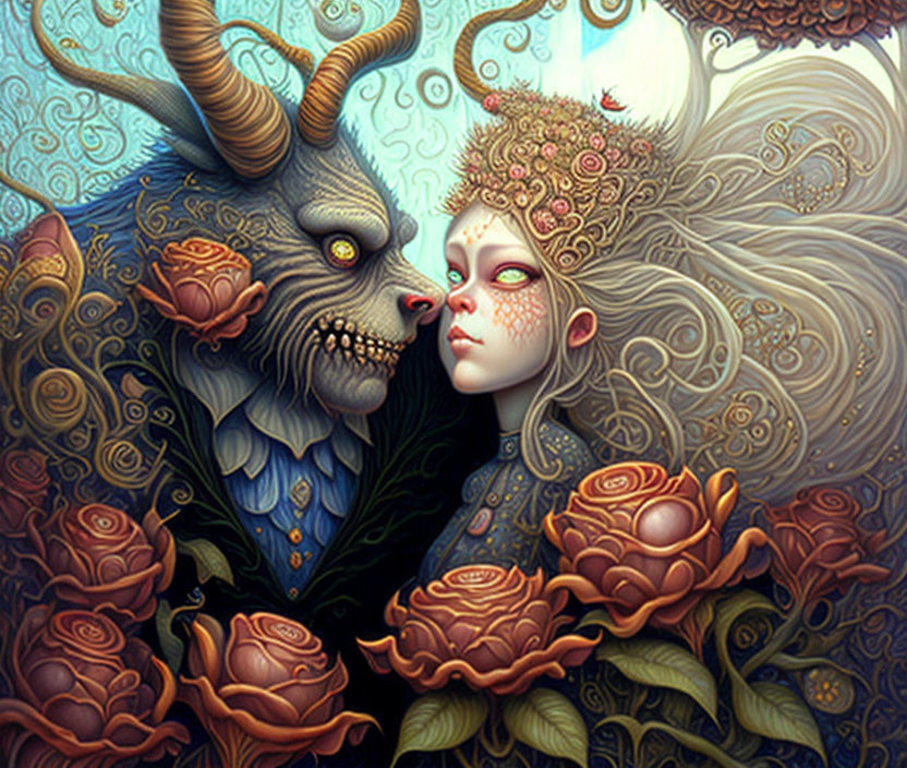 Detailed mythical creature and humanoid embrace in ornate illustration