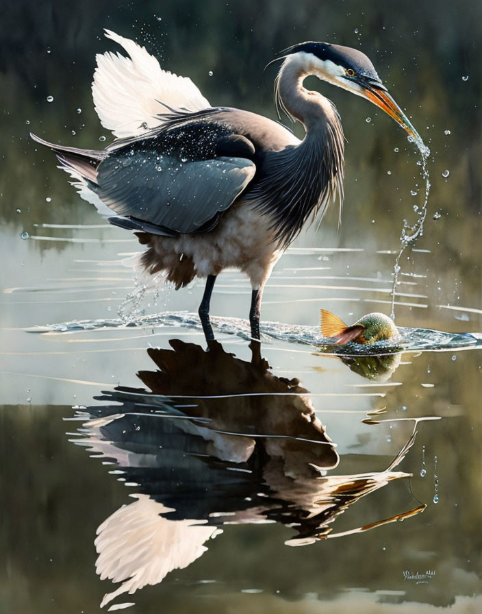 Great Blue Heron with Fish in Beak Surrounded by Water Splashes