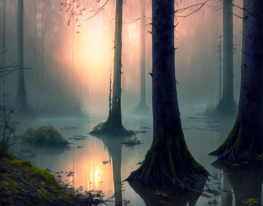 Mystical swamp with towering trees and foggy reflections at dawn