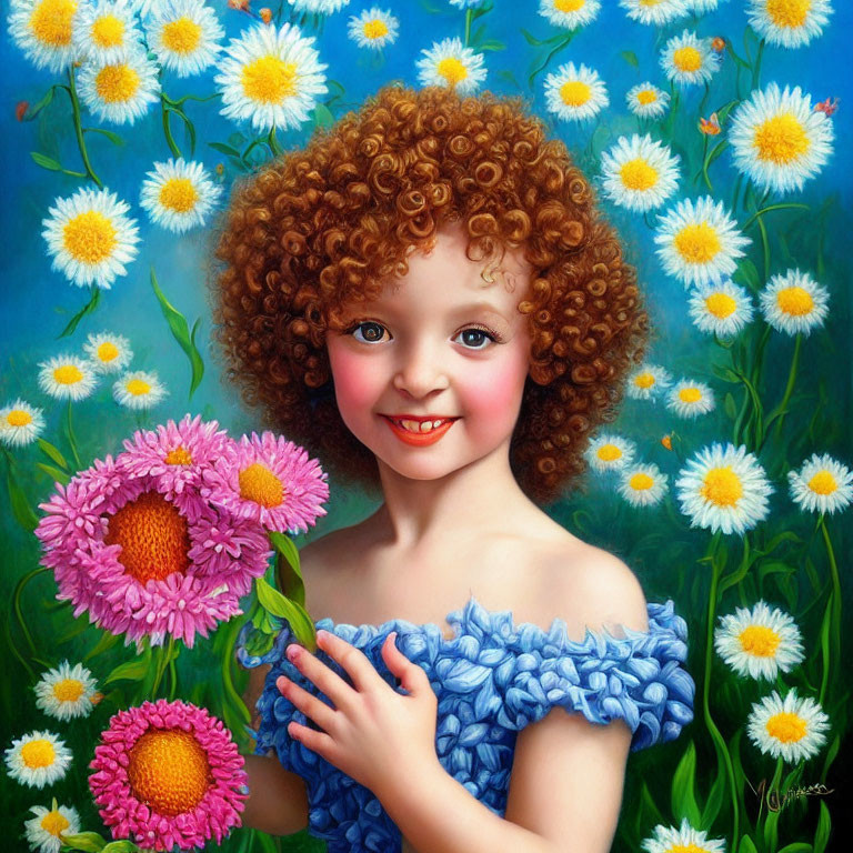Cheerful young girl with red hair holding pink flowers in a daisy-filled painting