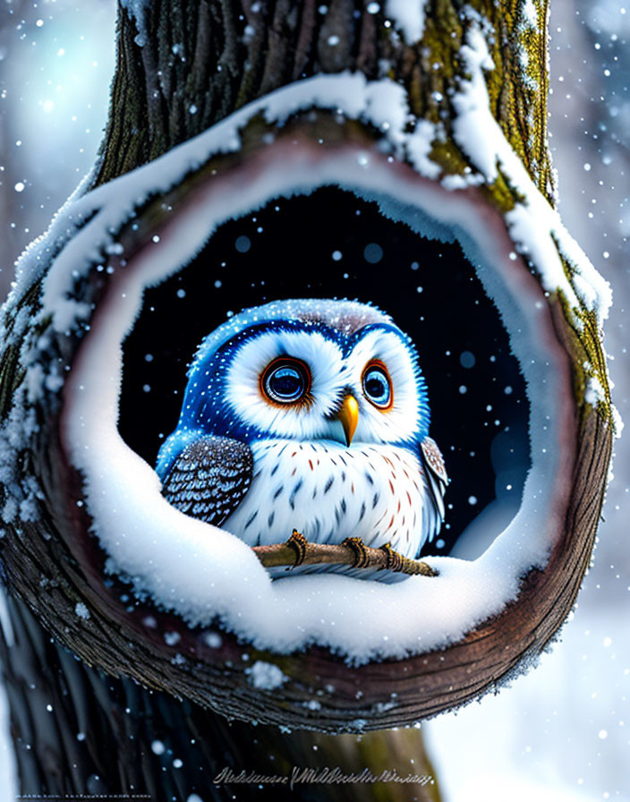 Colorful Owl in Snowy Tree Hollow with Heart-Shaped Frame