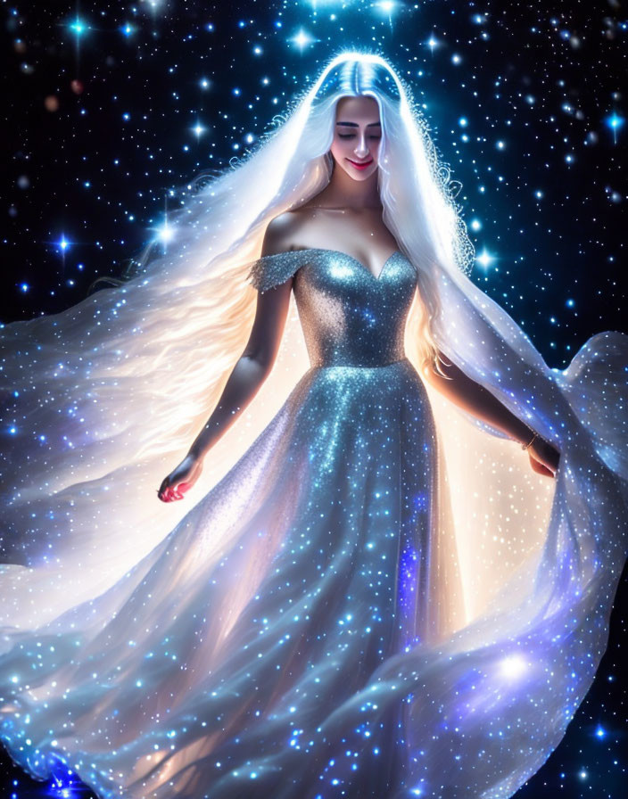 Ethereal figure in starry dress against cosmic backdrop