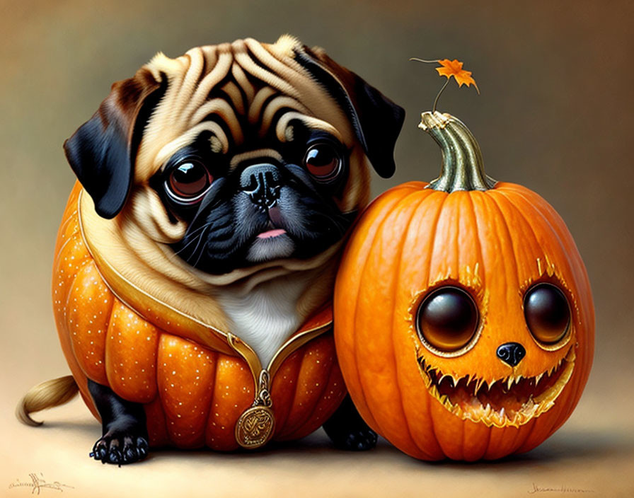 Pug dog in pumpkin costume next to carved whimsical pumpkin