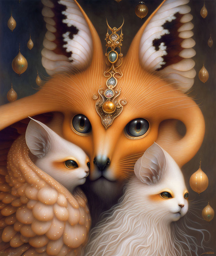 Majestic orange fox with wise eyes and golden jewelry holding ethereal winged kittens