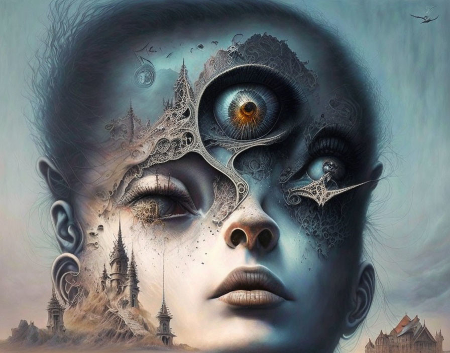 Surrealist artwork featuring mechanical elements, detailed eye, and whimsical architecture.