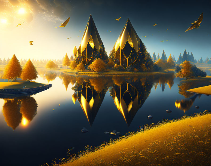 Golden autumn trees and futuristic structures by a tranquil lake at sunset.