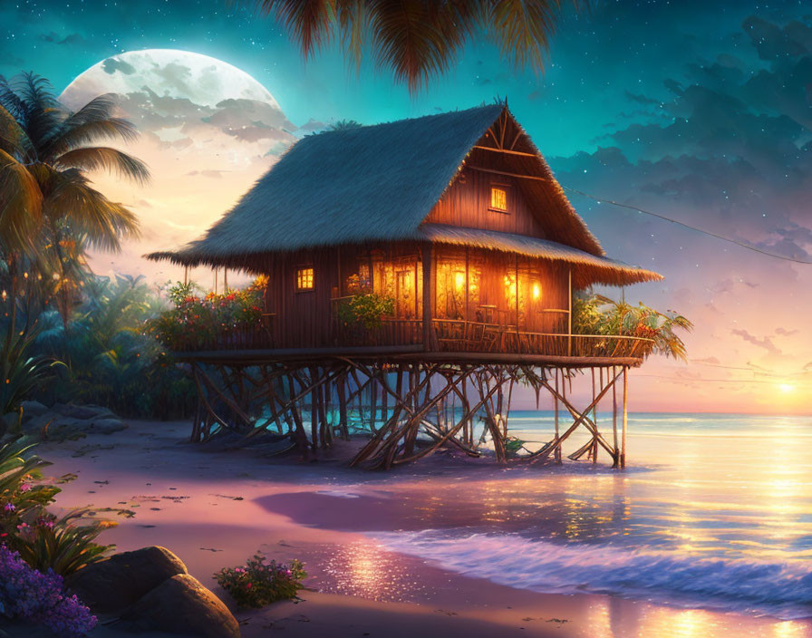 Tranquil stilted hut on serene beach at dusk