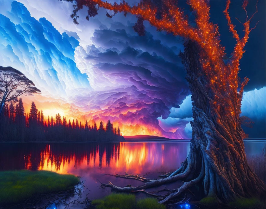 Vivid landscape with fiery tree, purple clouds, and sunset lake