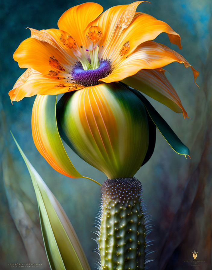 Colorful digital artwork: Orange-yellow flower with blue-purple center on green stem