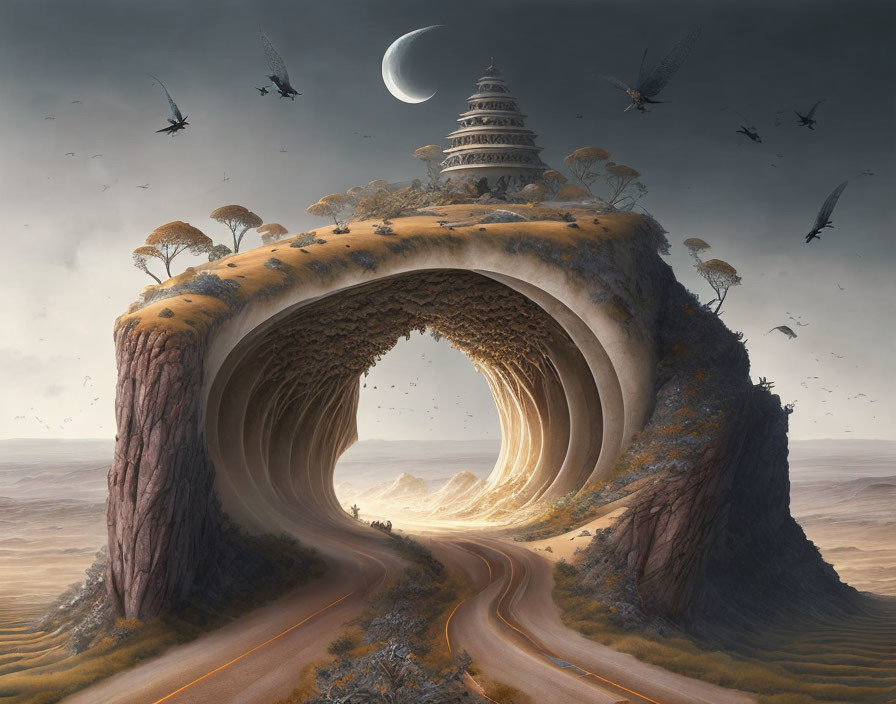 Circular Cliff with Tower, Road, Birds, and Crescent Moon