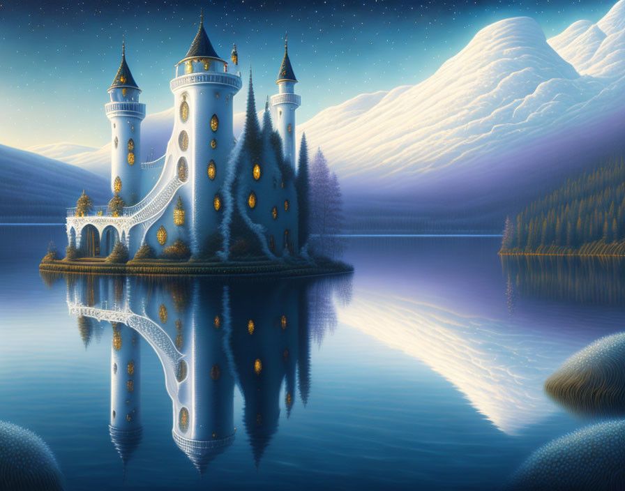 Illuminated castle on islet in serene fantasy landscape