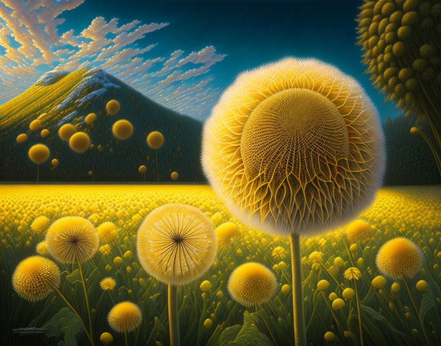 Surreal landscape with oversized dandelion puffballs, green field, blue mountains, and yellow