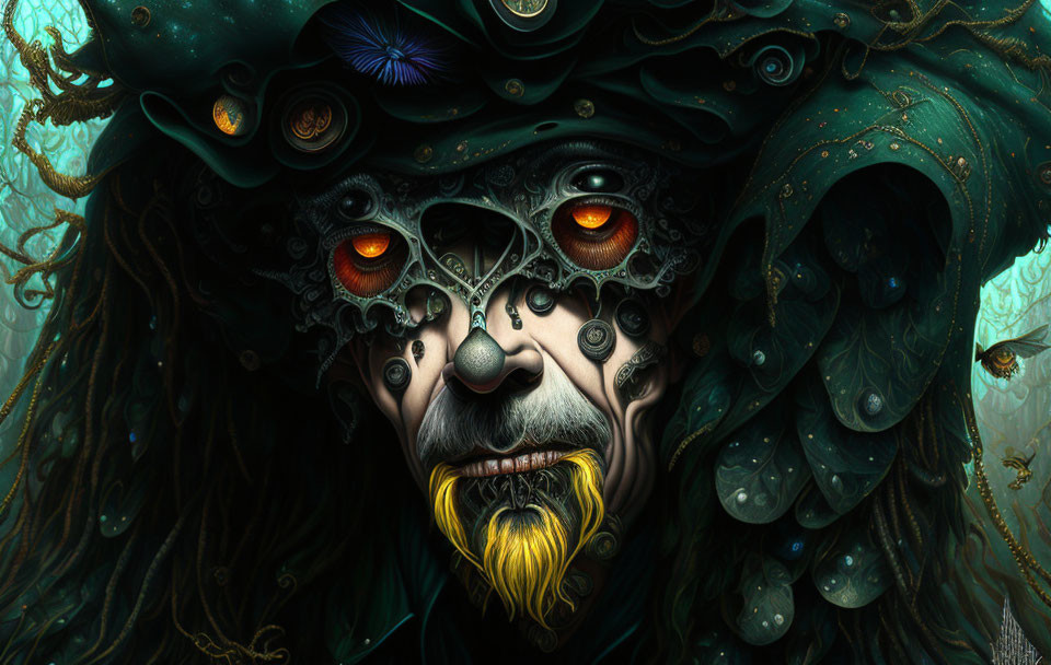 Fantastical being with ornate mask-like face and multiple eyes on moody backdrop