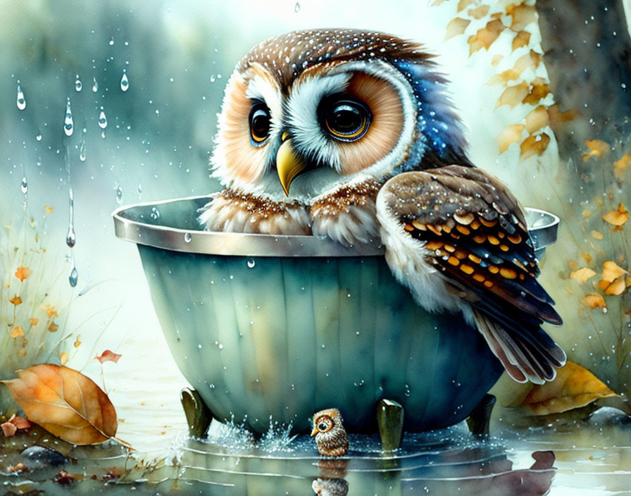 Illustrated owl in tub with expressive eyes, autumn leaves, and rain droplets