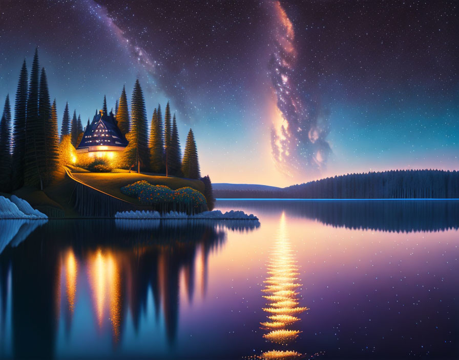 Twilight lakeside scene: lit cabin, starry sky, Milky Way, pine reflections