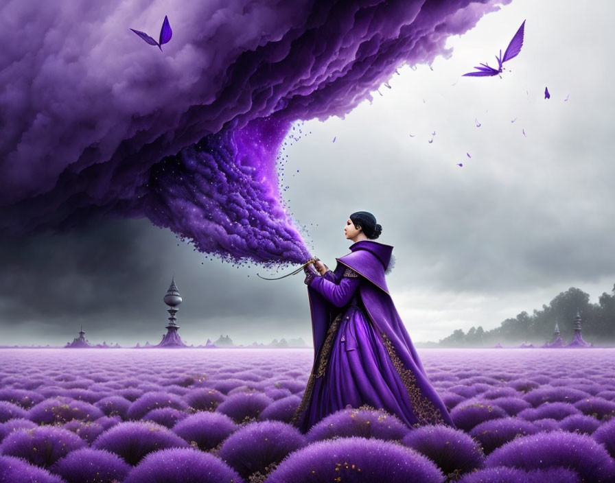 Person in purple cloak amidst swirling purple flowers and clouds