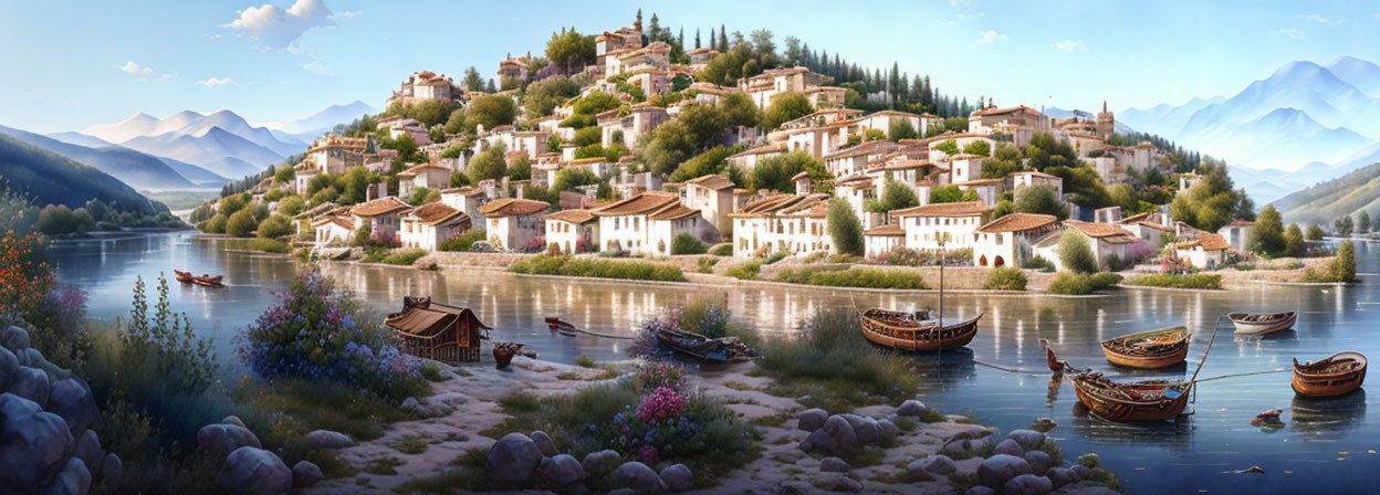 Scenic riverside village: terracotta-roofed houses, tranquil water, mountains, lush