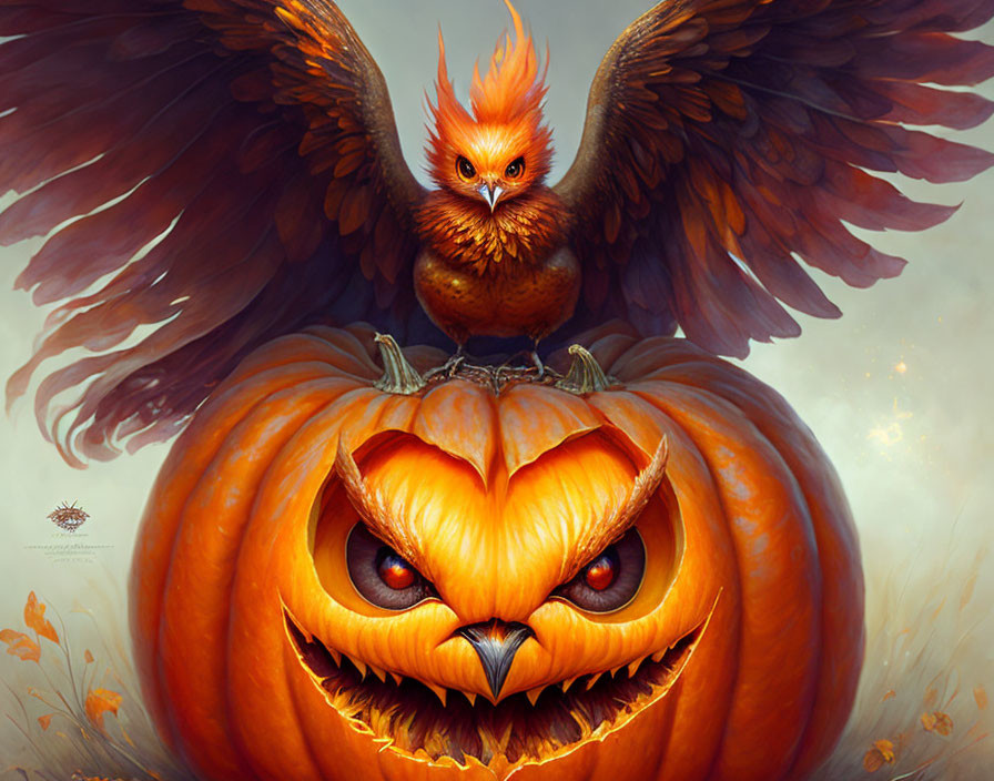 Illustrated fiery orange bird on carved pumpkin in autumn setting