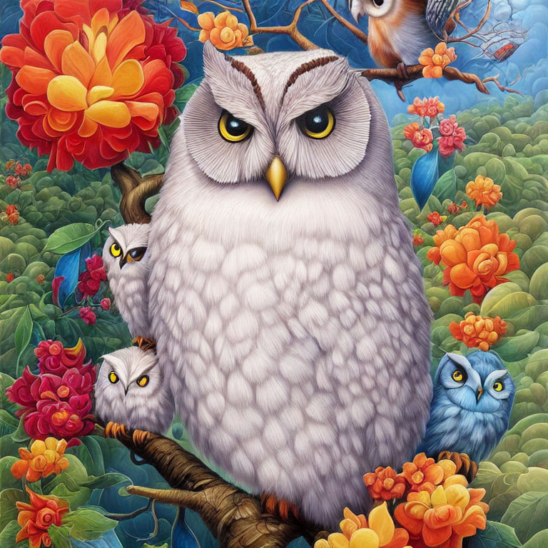 Vibrant owl group amidst colorful oversized flowers