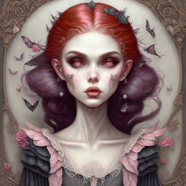 Fantasy portrait of female with red hair and pointed ears, adorned with elaborate makeup, surrounded by butterflies