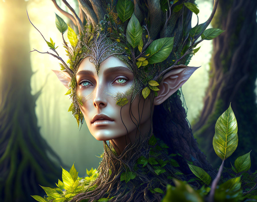 Fantasy portrait of a person with elf-like features and forest elements.