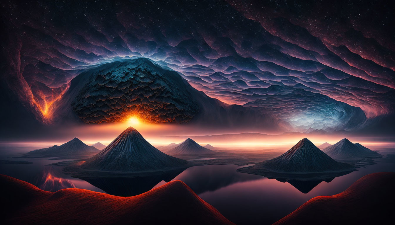 Symmetrical volcanic mountains under star-filled sky with vivid sunrise/sunset