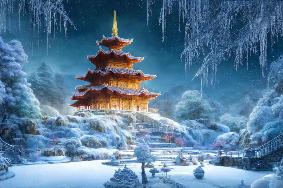 Snowy landscape with illuminated pagoda and frozen waterfall