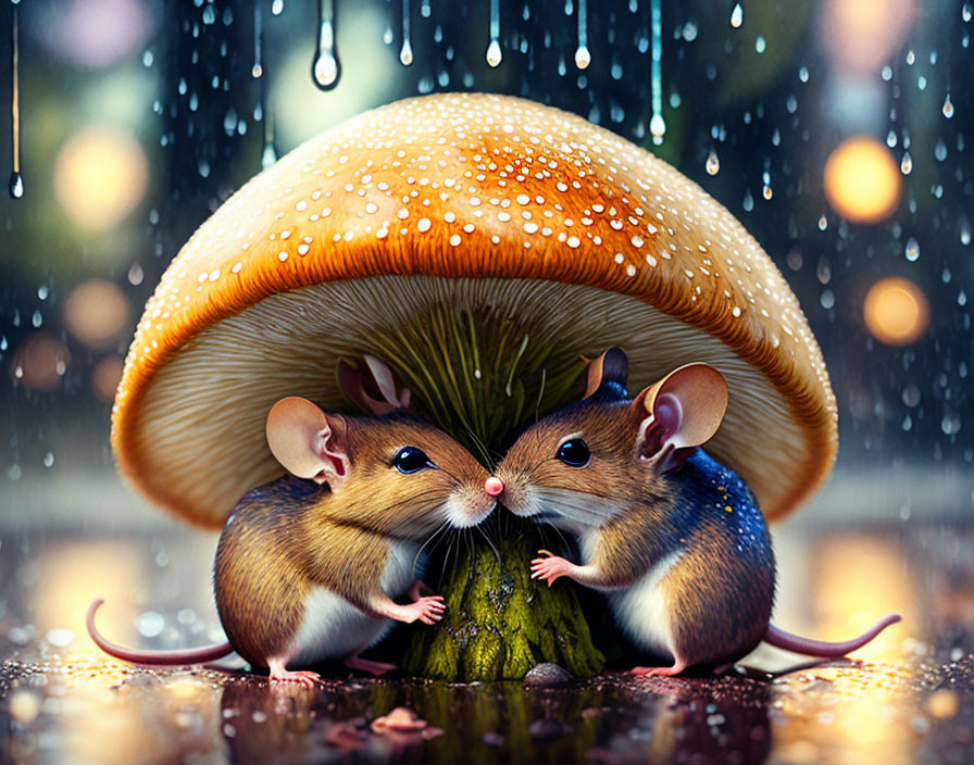 Two mice seeking shelter under a mushroom in the rain