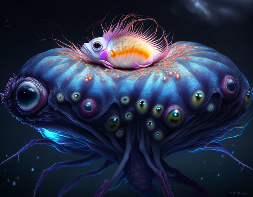 Colorful digital artwork: Whimsical octopus creature with multiple eyes and bird-like entity