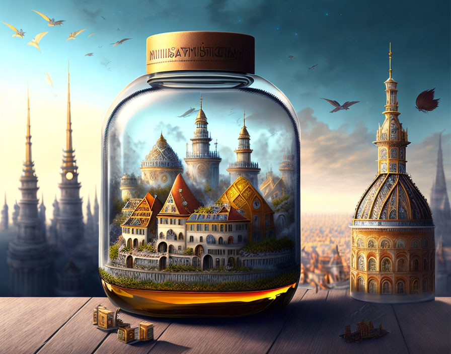 Miniature cityscape in glass jar on wooden surface with birds and dusk sky