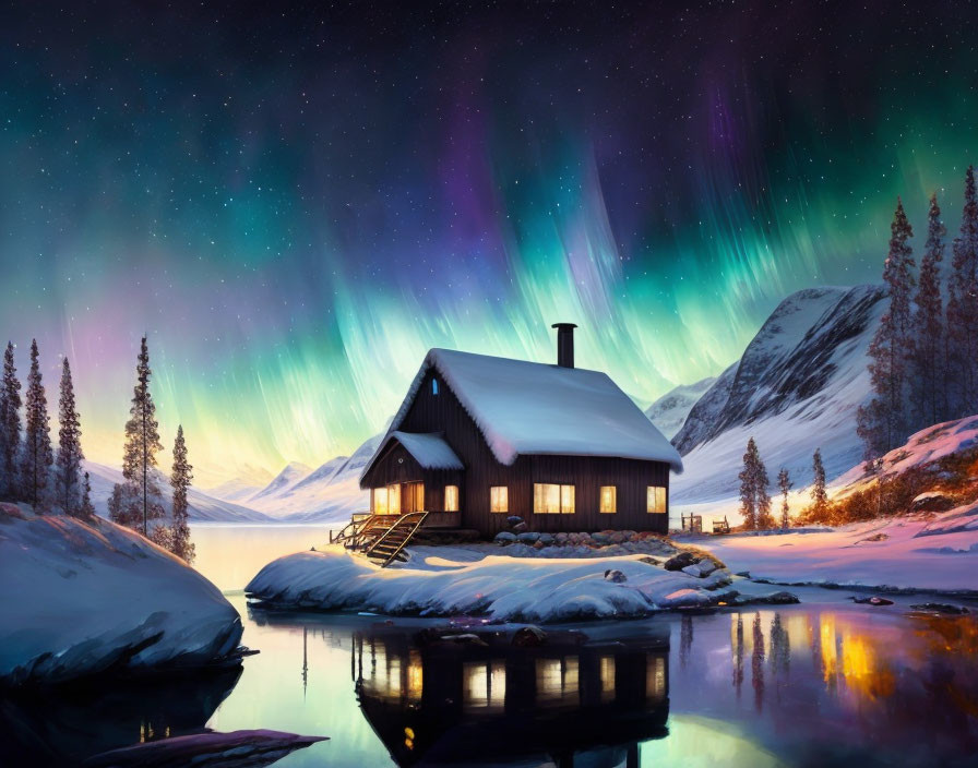 Tranquil cabin by lake under aurora borealis