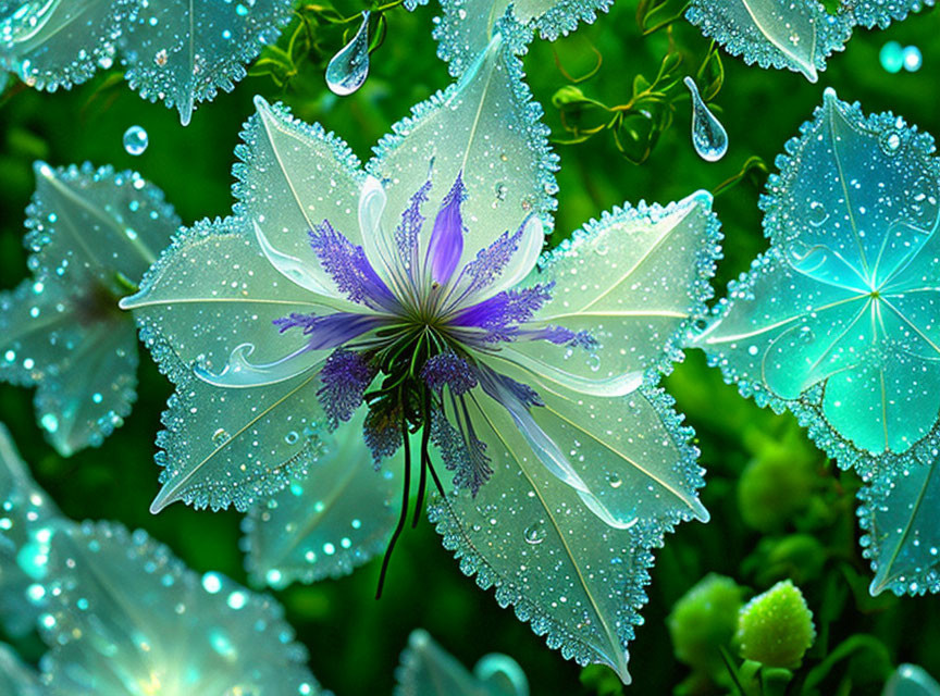 Fantasy butterfly flower digital art with dewdrops on iridescent petals