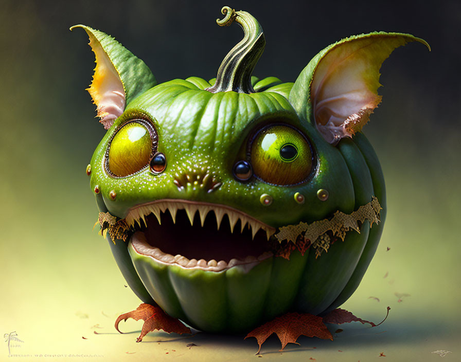 Green pumpkin-like monster with yellow eyes and sharp teeth on soft-focus background