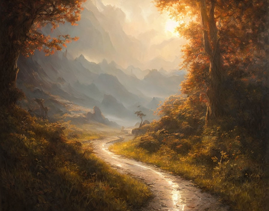 Sunlit Path Through Forest with Mountains: Serene Landscape Art